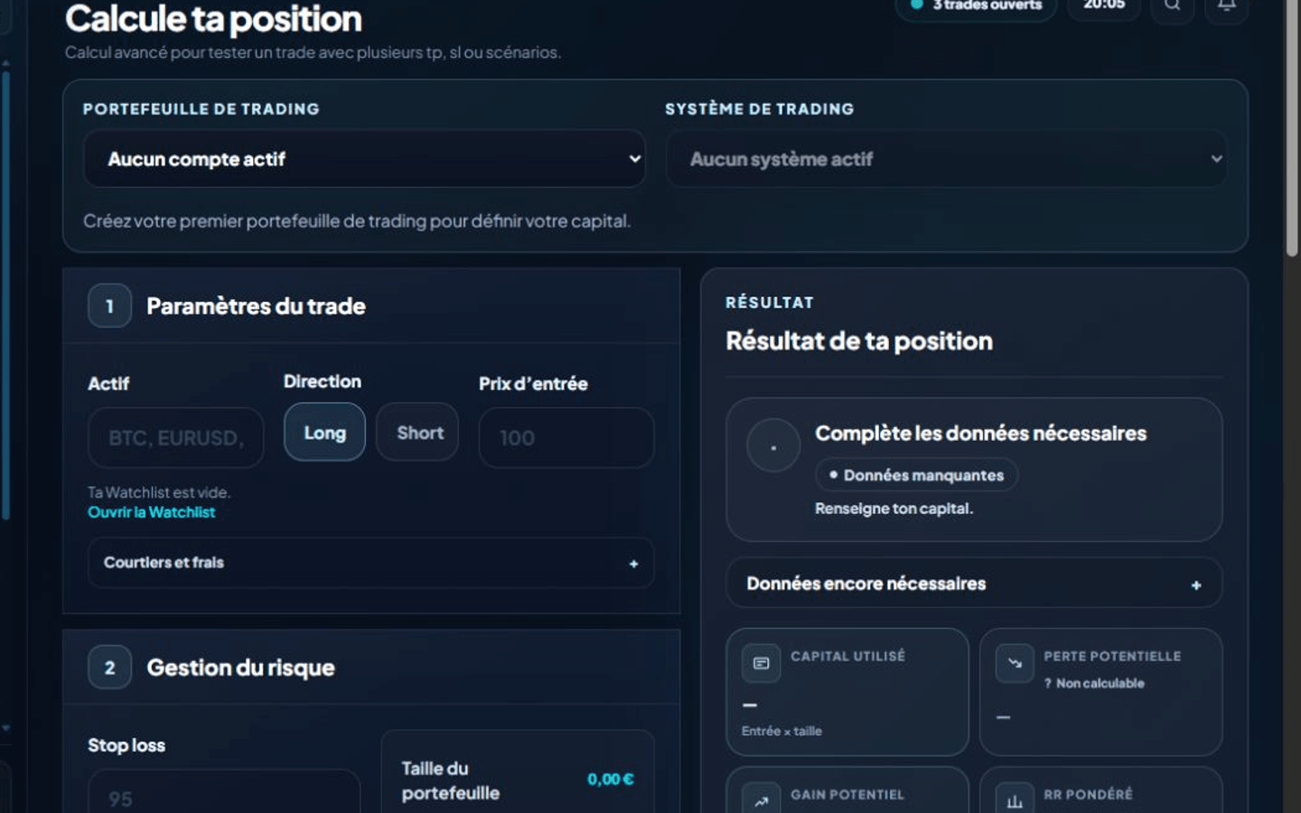 Écran réel Rulyx du calcul automatique de taille de position