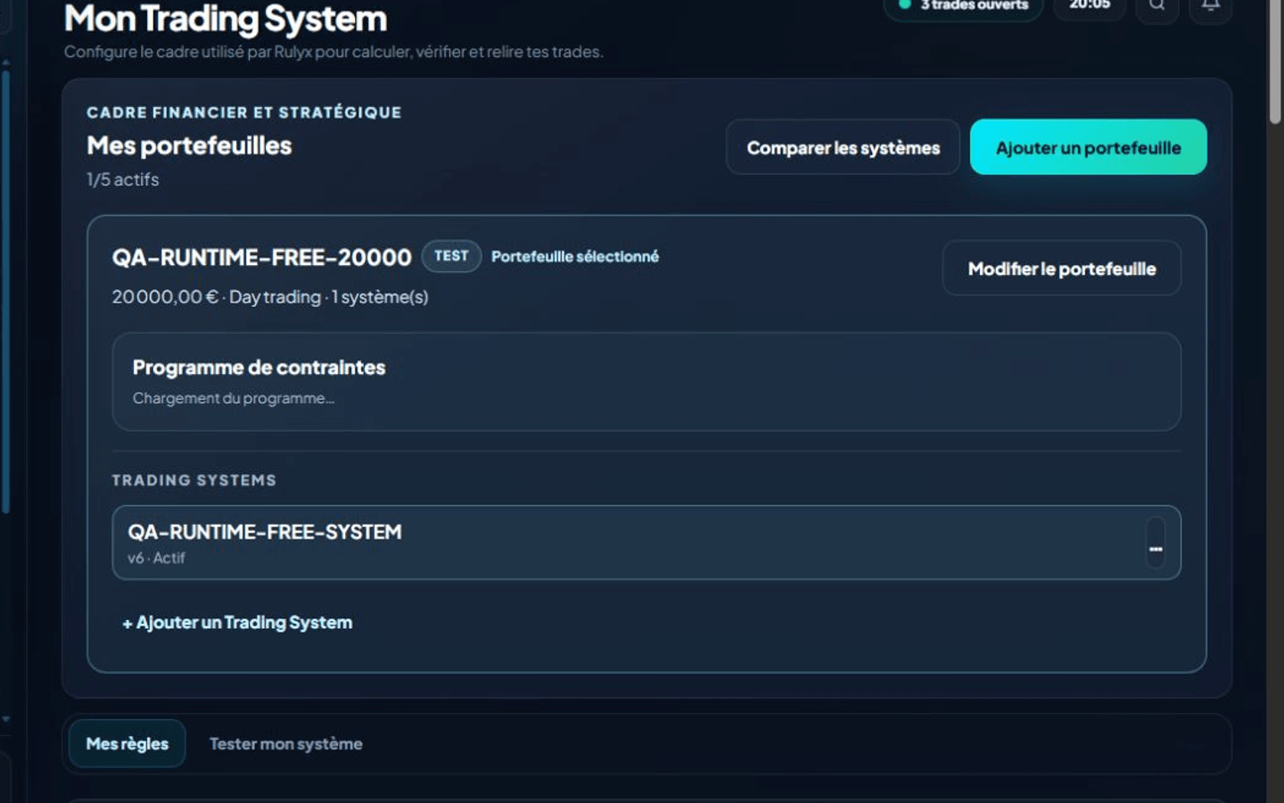 Écran réel Rulyx de configuration du Trading System