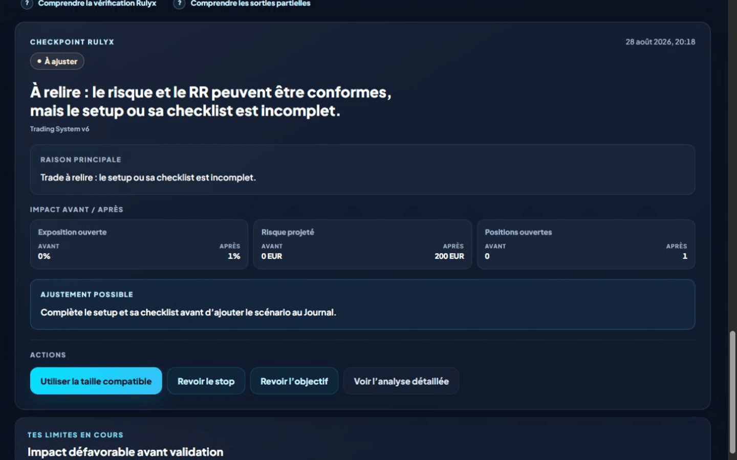 Écran réel Rulyx de la vérification d’un trade et du Checkpoint